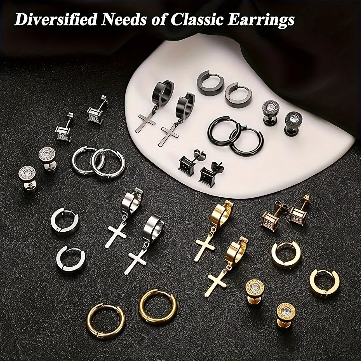 21 pairs of men's stainless steel earrings, circular CZ earrings, hypoallergenic earrings, unisex perforated earrings