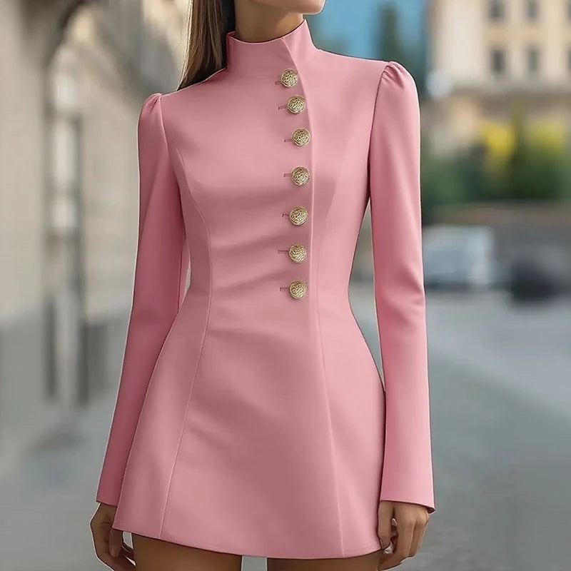 Elegant Stand Collar Commutr Blazer Dress Women's Fashion Single-breasted Solid Mini Dress Casual Long Sleeve Slim Party Dresses