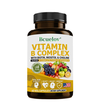 Vitamin B Complex - B1 B2 B3 B5 B6 B7 B9 B12 Biotin Choline Niacin - Brain, Skin, Hair, Nervous System, Immunity, Metabolism