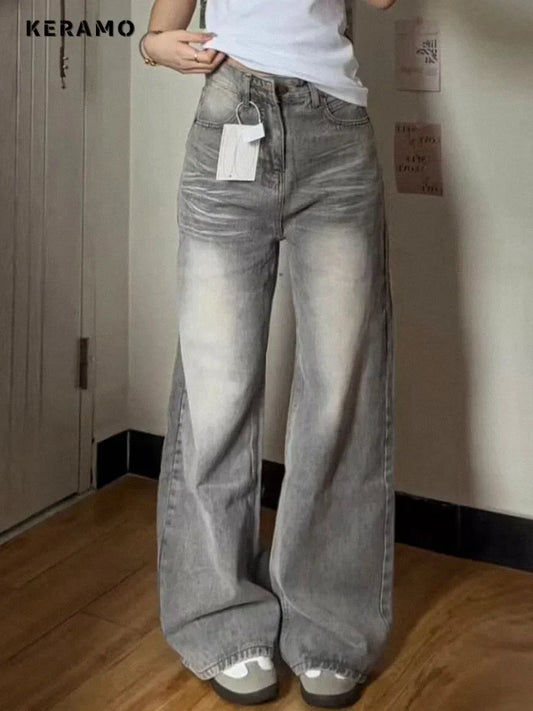 Women's Grey Vintage Jeans High Street Denim Trouser Casual Goth Pants High Waist Straight Streetwear Baggy Hosen Female  Y2K