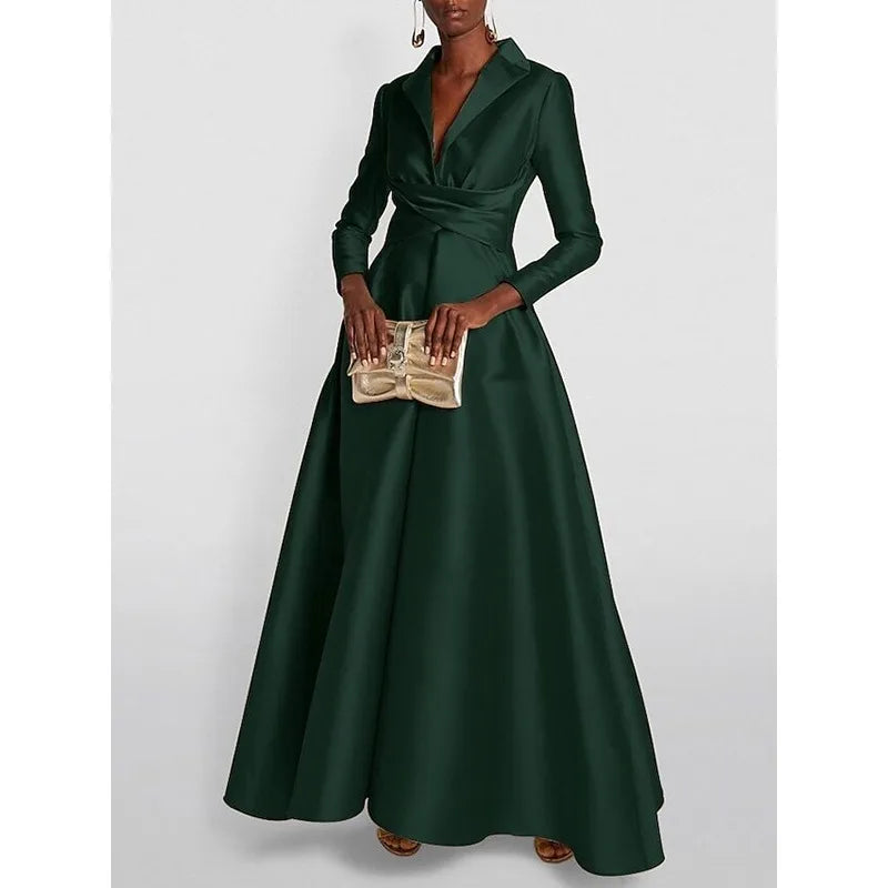 Elegant solid color Long Sleeves Evening Dress Women's Party Gown V-Neck high Waist Maxi Dresses For Wedding Prom 2026 new