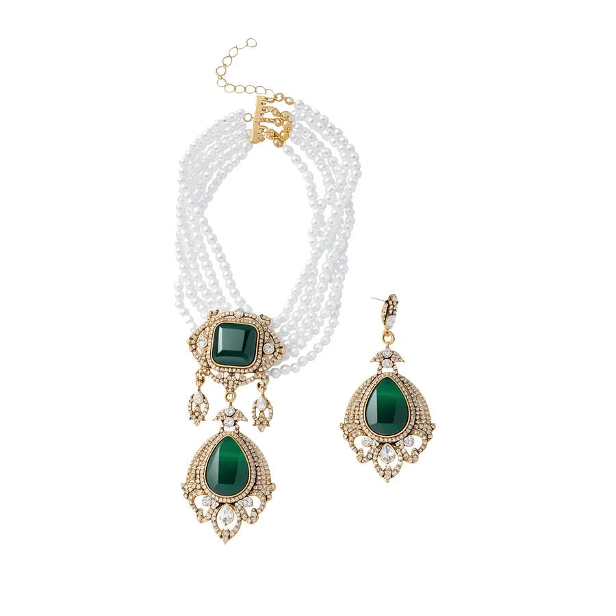 Multi-layered pearl court-style luxury heavy-duty earrings and necklace jewelry set