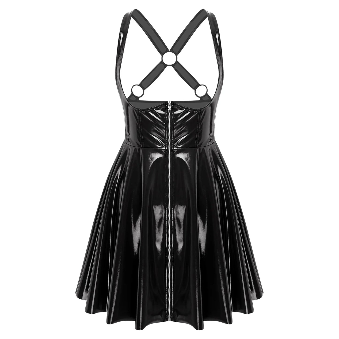 Women Gothic Punk PU Leather Dress Sexy Low Cut Sleeveless Mini Back Cross Straps Wet Look Glossy Clubwear for Halloween Cosplay