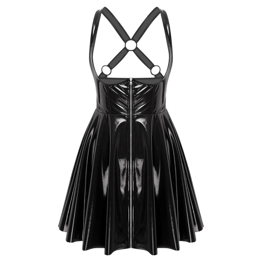 Women Gothic Punk PU Leather Dress Sexy Low Cut Sleeveless Mini Back Cross Straps Wet Look Glossy Clubwear for Halloween Cosplay