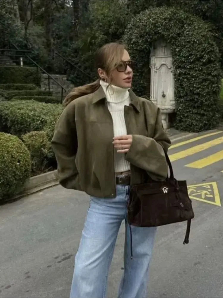 Vintage Faux Suede Short Jackets For Women Zipper Fashion Loose Bomber Jacket Coat Autumn Winter 2025 New Chic Casual Outerwears