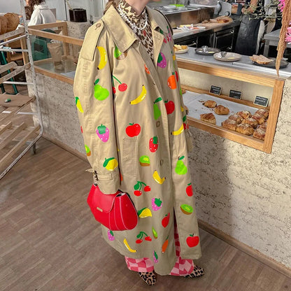 Fruit Pattern Print Wind Coat Single Breasted Turn-down Collar Long Coat Fashion Pocket Trench Coat 2025 Spring Lady Outerwear