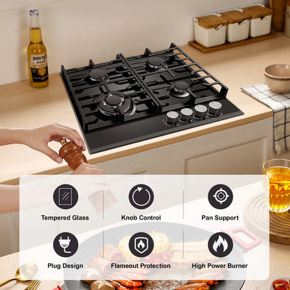 60cm Built-in Gas Hob 4 Burner | Flame Failure Protection & Cast Iron Grates | Black Glass Dual Fuel (NG/LPG)