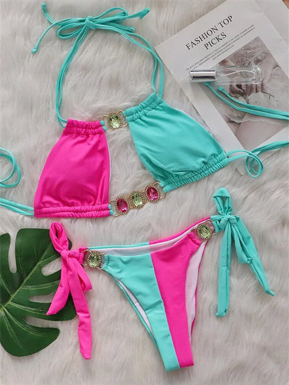 Luxury Rhinestones Splicing Bikini Set Women Halter Patchwork Cut Out Push Up Diamond Swimsuit 2024 Bathing Suit Thong Swimwear