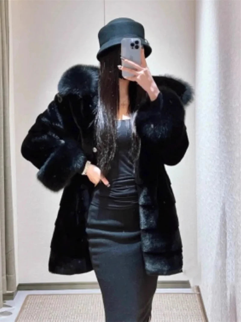 Winter New Environmentally Friendly Rabbit fur fur Coat Women Imitation fox fur Collar Hooded mid Length Fur Plush Mink fur Coat