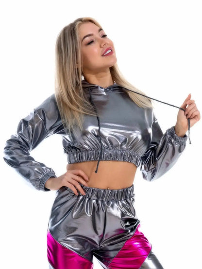 Sexy Cropped Holographic Hoodies Women Shiny PU Metallic Hoody Long Sleeve Short Sweatshirt with Drawstring Pullovers Streetwear