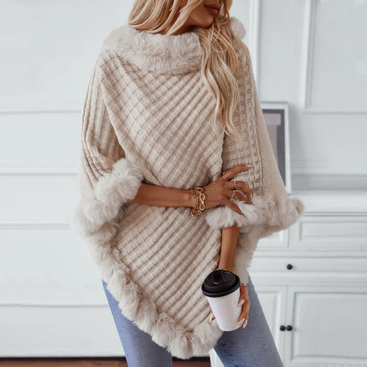 Knitted Cloak Sweater Women Shawl Outwear Warm Hairball Knit Casual Loose Plaid Poncho Cape Coat Spliced Solid Elegant