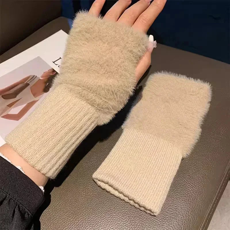 Women's Knitted Fingerless Gloves Touchscreen Thermal Plush Gloves for Autumn Winter Non-Slip Grip