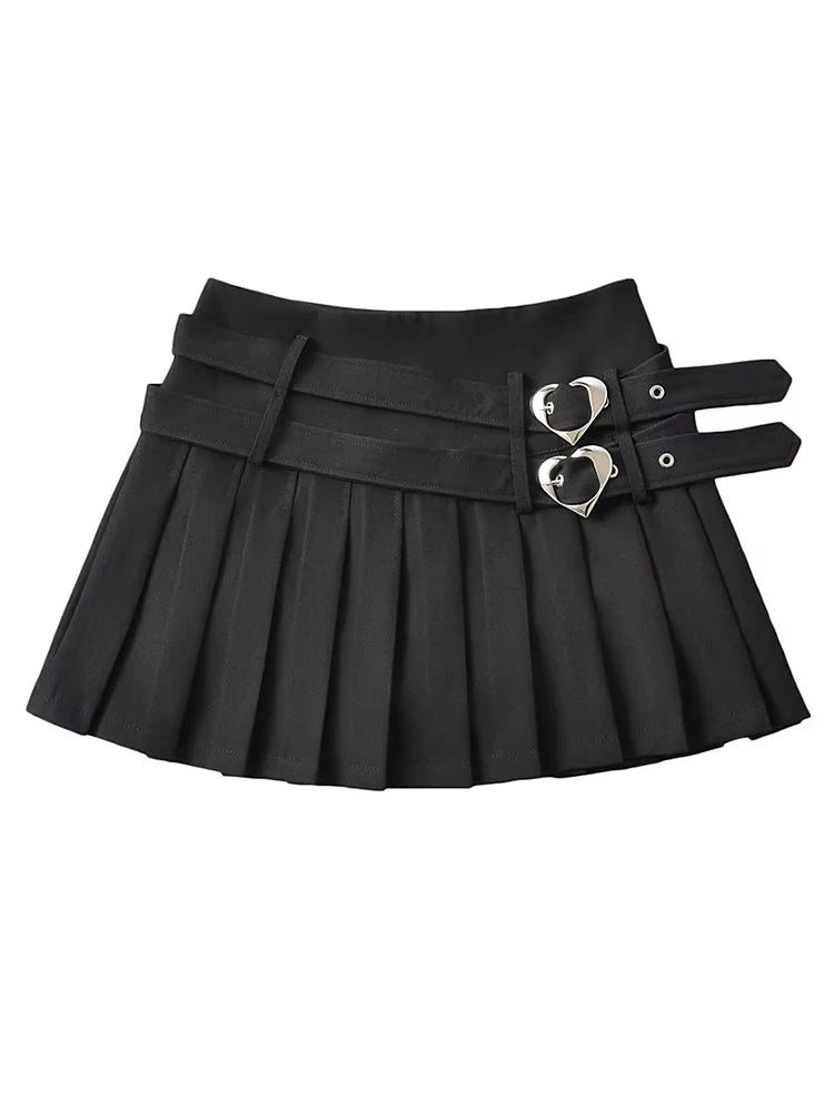 Women Summer New Fashion Hot Sweet Slim Pleated Super Short Skirt Cute Chic Heart Belt Mini Skort Streetwear Shorts Skirts