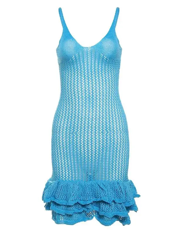 Open Knit Ruffle Hem Cami Mini Dress Crochet Knit Dresses Sleeveless Cover Up Dress Summer Party Female Soild Crochet Dress