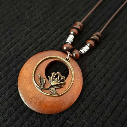 Retro Ethnic Round Wooden Leaf Owl Long Sweater Chain Necklace Women Vintage Clock Pendant Female Jewelry Neck Accessories Gifts