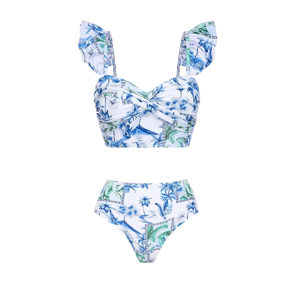 Flaxmaker Summer New Women Sexy Hawaiian Lace Up V Neck Ruffle Swimsuit and Sarong Women Swimwear Set Push Up Bathing Suit
