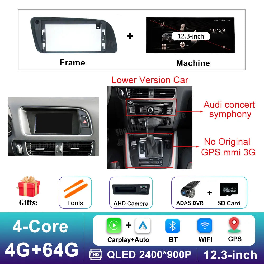 12.3 inch GPS Navigation Wireless Carplay Android 16 for Audi Q5 2009 - 2017 BT Car Multimedia Video Radio Player 4G Auto Tools