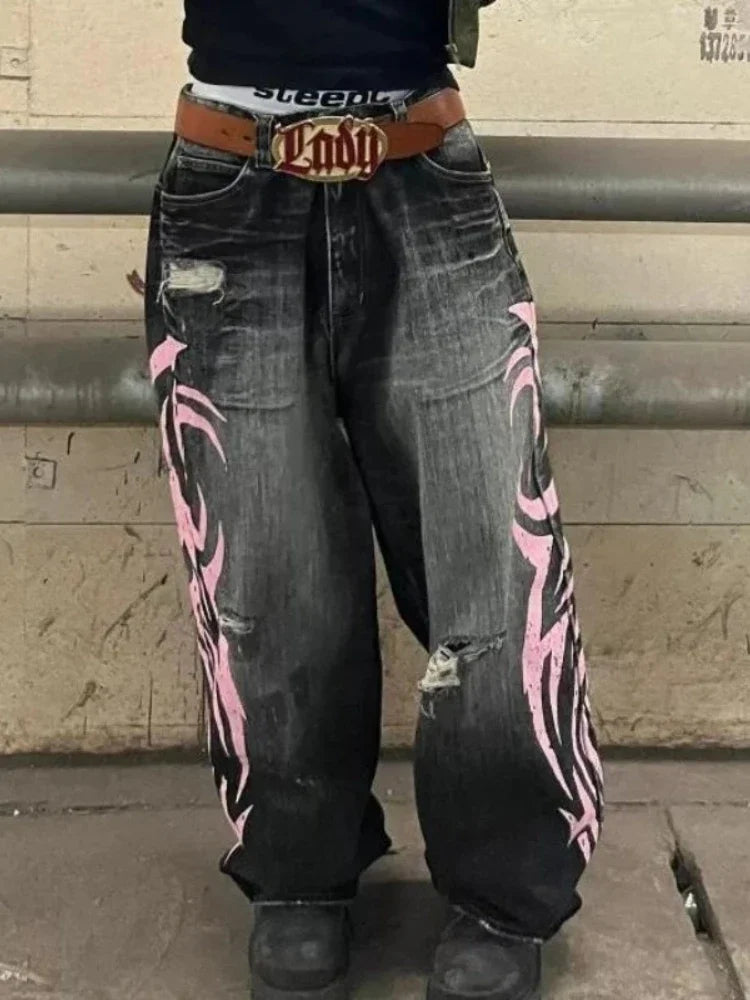 Y2k Vintage Gothic Punk Jeans Women Harajuku Print Grunge Baggy Denim Trousers Punk Hip Hop Black Streetwear Wide Leg Jeans