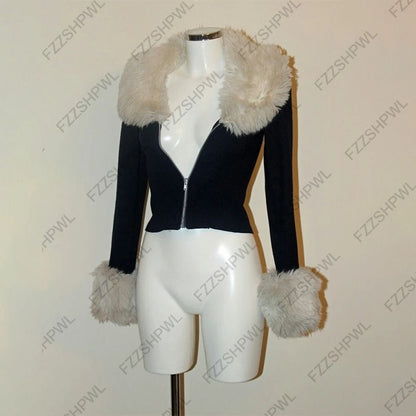 Women's Black Fur Collar Zipper Sweatshirt Autumn Winter Hoodless Long Sleeve Sexy Girl Slim Fit Coat Winter Clothing Streetwear