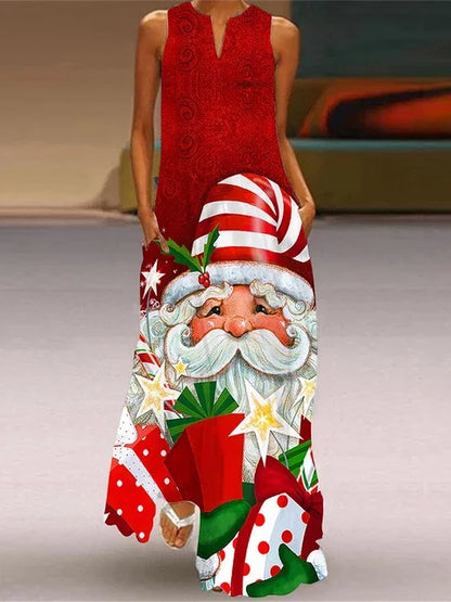 Christmas Tree 3D Printing Dress Fashion Sexy Sleeveless V-neck Long Dress Casual Party Maxi Female Dress Street Fashion Dresses