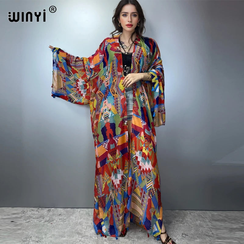 WINYI bohemian kimono print Women coat Loose tassels Long Dress beach Holiday Swimming Cover Up party dresses luxury dubai abaya