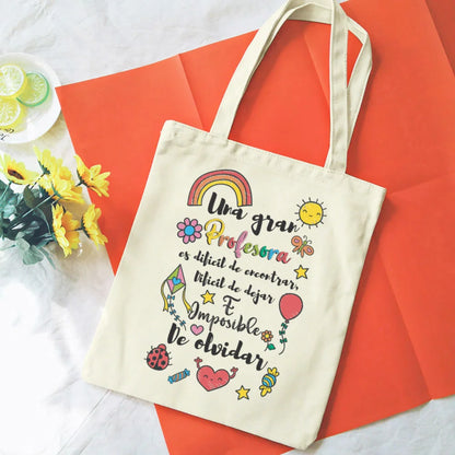 Spanish Printed Women Tote Bag Canvas Shopping Bags Female Travel Shoulder Bag Casual Handbag Graduation Thanks Gift for Teacher