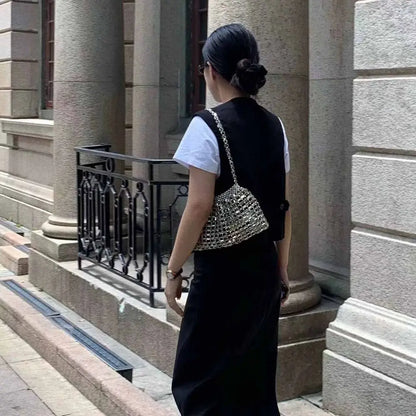Casual Sequin Evening Banquet Bag Temperament Underarm Bag Woven Beaded Crossbody Bag Mini Small Purse Silver Shiny Bag Women