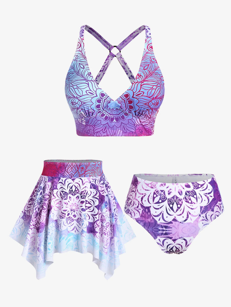 ROSEGAL Plus Size Women's Three-Piece Padded Tankini Swimsuit Stripe Colorblock Bikinis Set, Or Purple Ethnic Printed Swimwears