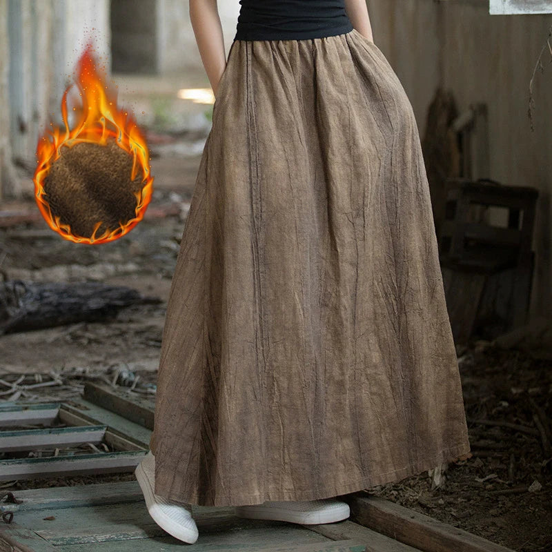 Johnature Women Ramie Tie-dye Skirts Elastic Waist Pockets Vintage Autumn Clothes 2025 New Women A-Line Skirts