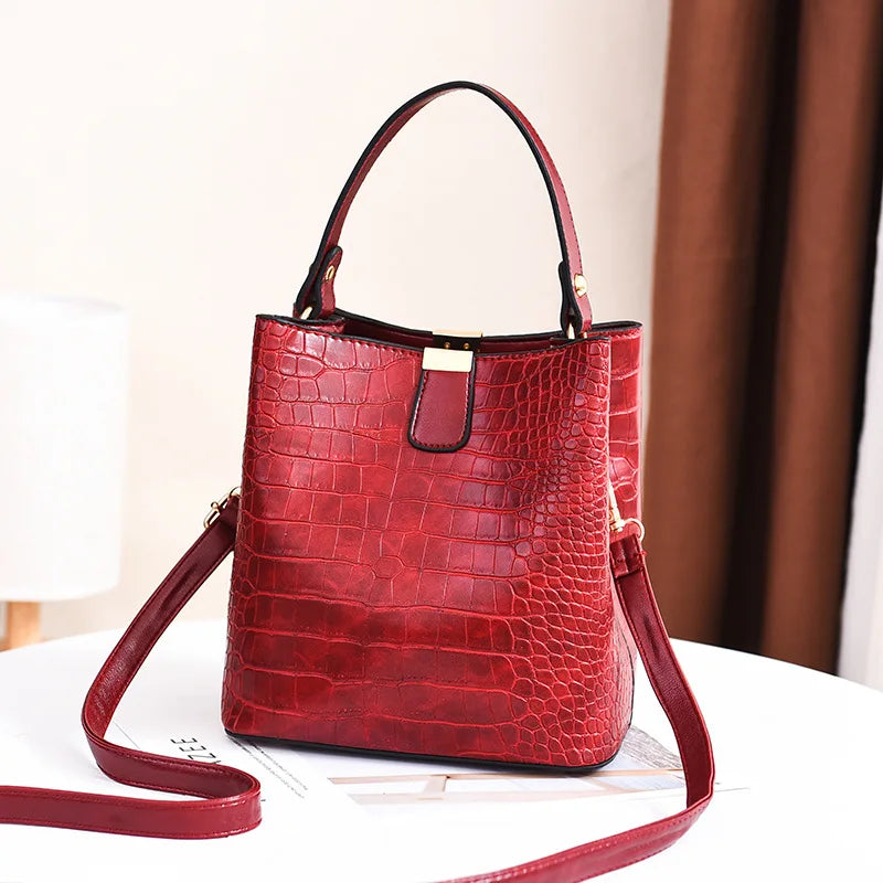 Vintage Stone Leather Handbag Shoulder Crossbody Bags Fashion Female Bucket Bag Large Capacity Women Tote Bag