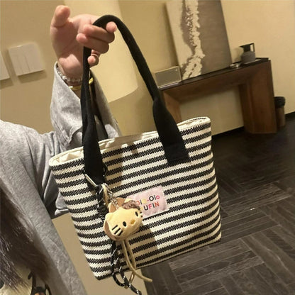 Fashionable Striped Canvas Tote Bag for Women Lightweight Durable Commuter Bag Relaxed Texture and Simple Design Handle Bag