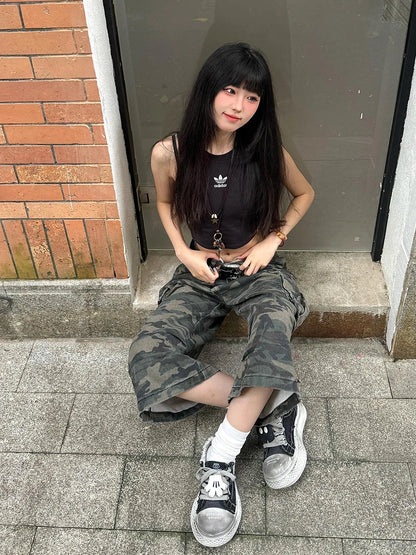 REDDACHiC Cargo Pockets Camouflage Baggy Jorts Women Pleated Pintuck Loose Casual High Rise Denim Shorts Harajuku Retro Clothes