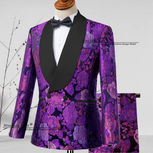 G&N 2025 New Jacquard Suit Men's 2-piece Formal Ball Performance Set Black Satin Collar Purple Rose Red Flower Pattern Costumes