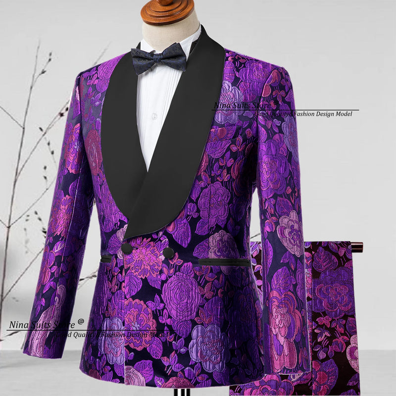 G&N 2025 New Jacquard Suit Men's 2-piece Formal Ball Performance Set Black Satin Collar Purple Rose Red Flower Pattern Costumes