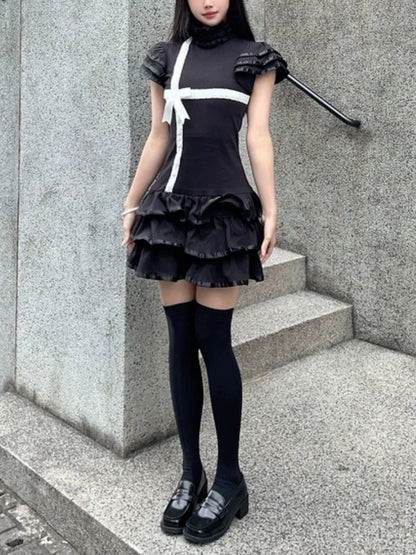 Y2K Japanese E-girl Gothic Vintage Half High Neck Short Sleeved Bow Lace Dress Cinched Waist Cool Girl Black Streetwear Dress
