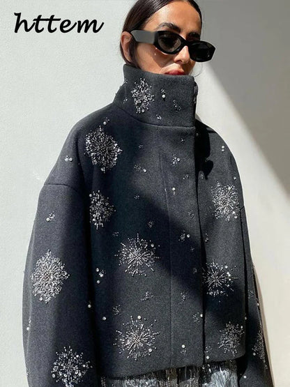 Street Women's Snowflake Beading Woolen Coat Elegant Stand Collar Zipper Full Sleeve Jacket 2024 Autumn Winter Lady Chic Outwear