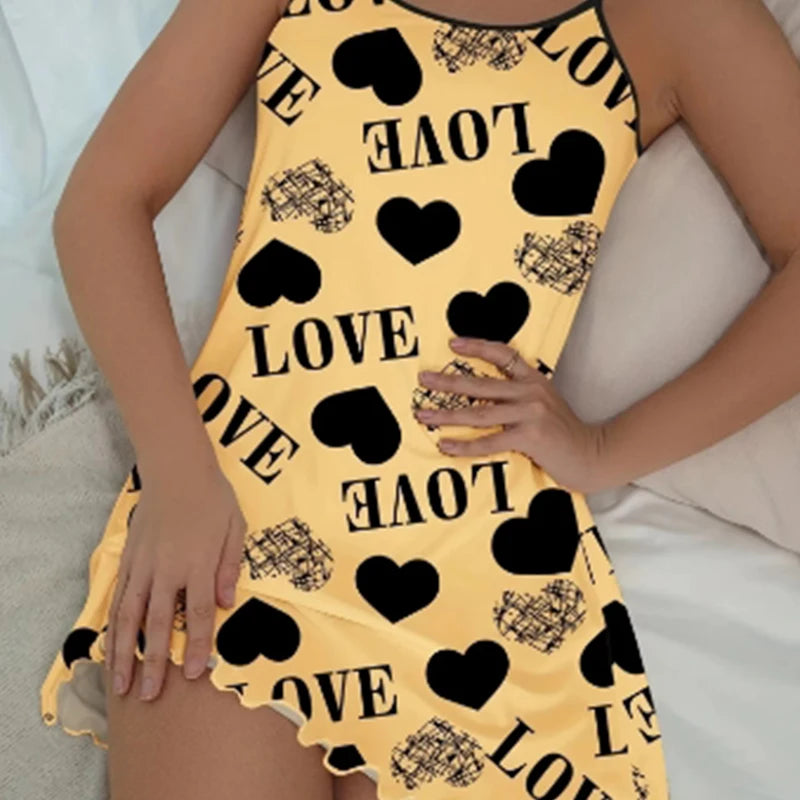 1 Piece Casual & Comfy Heart & Letter Print Nightdress, Lettuce Trim Sexy Slip Short Nightdress, Women's Sleepwear & Dresses