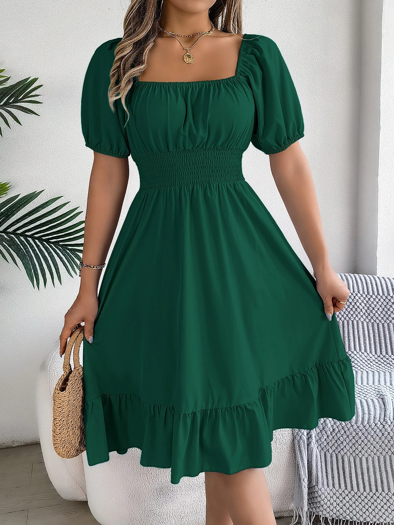 2024 New Fashion Solid Puff Sleeve Square Neck Ruched Bust Ruffle Hem Wasit Dress, Women's Clothing