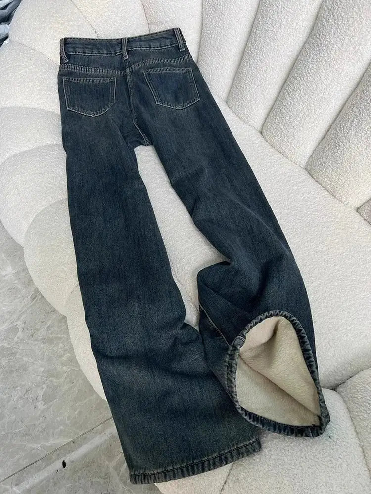 Korean Design Velvet Lined Straight Jeans Women Casual Vintage High Waist Wide Leg Denim Pants Winter Warm Snow Wear Vaqueros