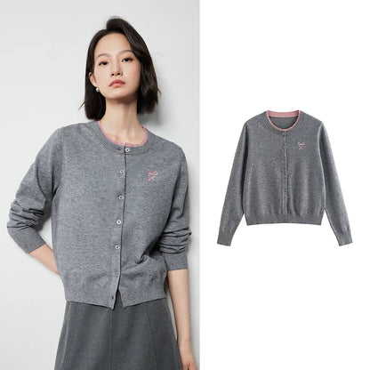 TOYOUTH Women Knitwear 2024 Autumn New Bowknot Embroidered Single Breased Button Round Neck Long Sleeve Cardigan