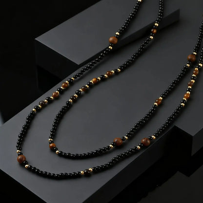 Black Agate Natural Stone Tiger Eye Beads Chain Necklace for Men, Retro Long Sweater Chain Necklace, Fashion Boho Jewelry Gift