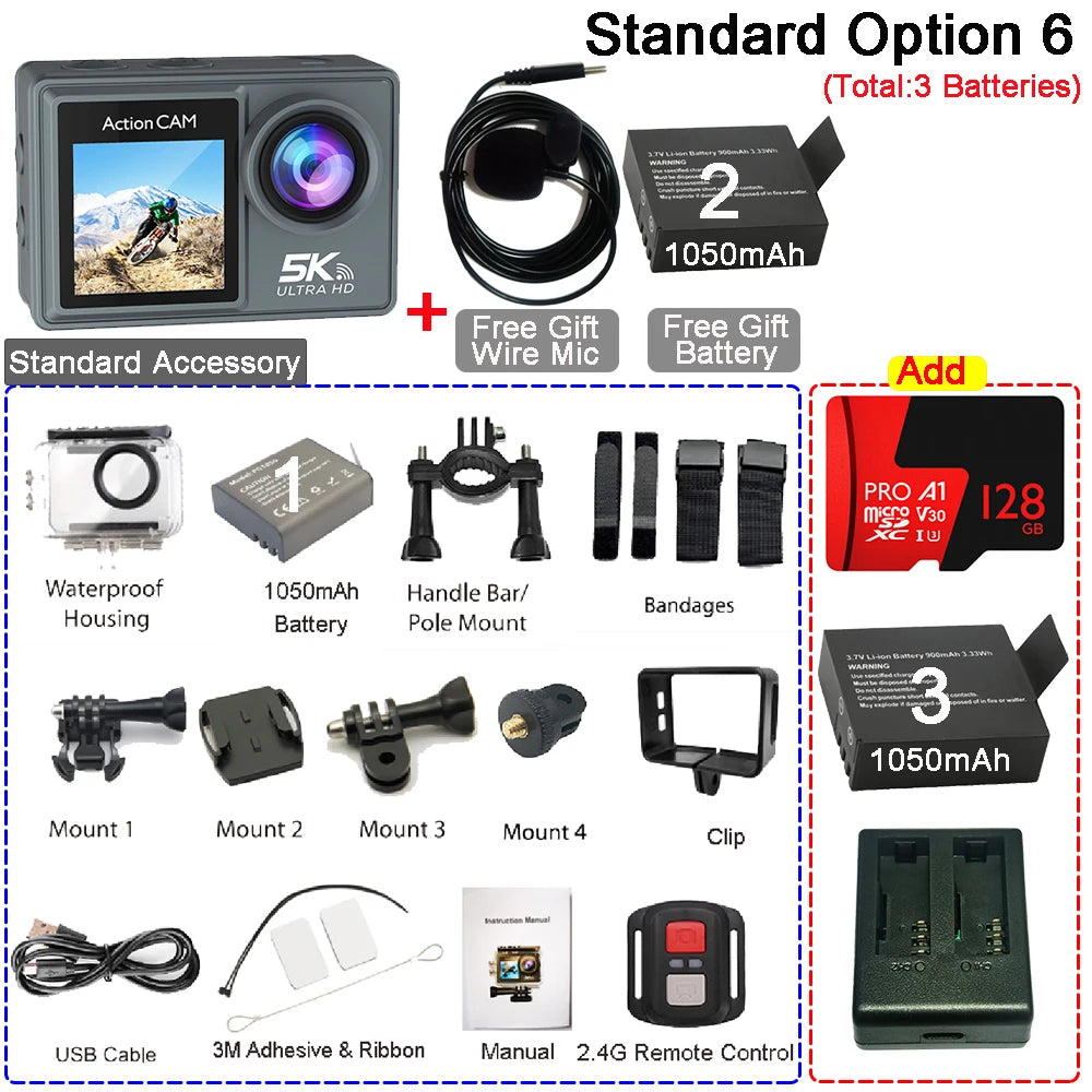Action Camera 5K 4K60FPS Dual IPS Touch LCD EIS 170° 30M Waterproof 5X Zoom Sport Camera Optional Wireless Mic & Remote Control