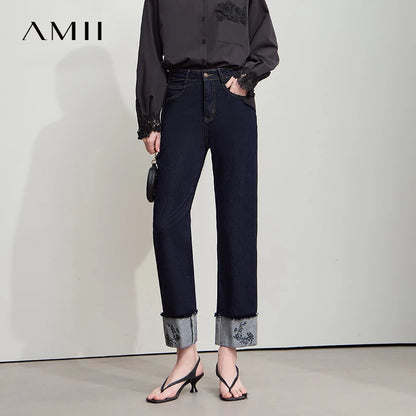 AMII Jeans Pants Women 2025 Autumn New Elegant Ladies Clothes Casual Loose Straight Embroidery Women's Denim Pants 12543032
