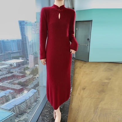 Retro Collar Buckle Knit Dress Female Pullover Long Over-The-Knee Solid Color Joker Slim Mink Cashmere Dress