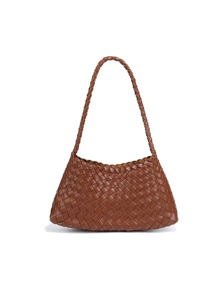 Women's Woven Shoulder Bag Soft Leather Tote Bag with Drawstring Inner Bag 2-In-1 Bucket Bag for Daily Commute Handbag