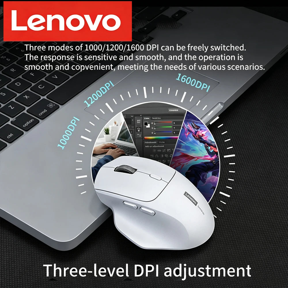 Lenovo Wireless Mouse Ergonomic Design 2.4G Dual-Mode Connection Large-Capacity Battery Comfortable For Gaming And Office Use