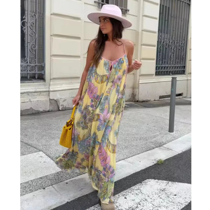 Summer Dress Women's 2025 New Fashion Print Loose V-neck Camisole Elegant Women Summer Travel Long Dress Chic Youth Party Dress