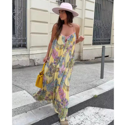 Summer Dress Women's 2025 New Fashion Print Loose V-neck Camisole Elegant Women Summer Travel Long Dress Chic Youth Party Dress
