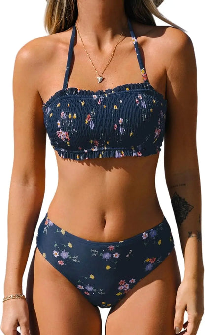 Bikini Set For Women Two Piece Swimsuit Bandeau Top Back Tie Mid Waisted Bottom With Removable Shoulder Straps