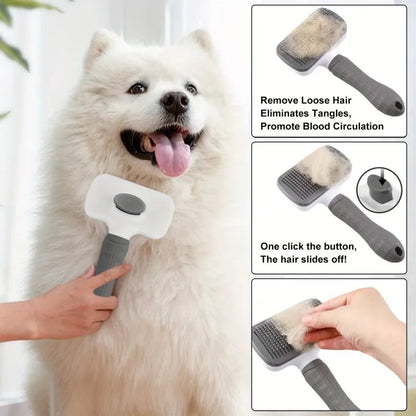 Dual-Use Dog Cat Grooming Brush 20×10×5.5cm, Self-Cleaning Slicker Comb with Round-Tip Bent Needles, Ergonomic Handle for Pet Ha